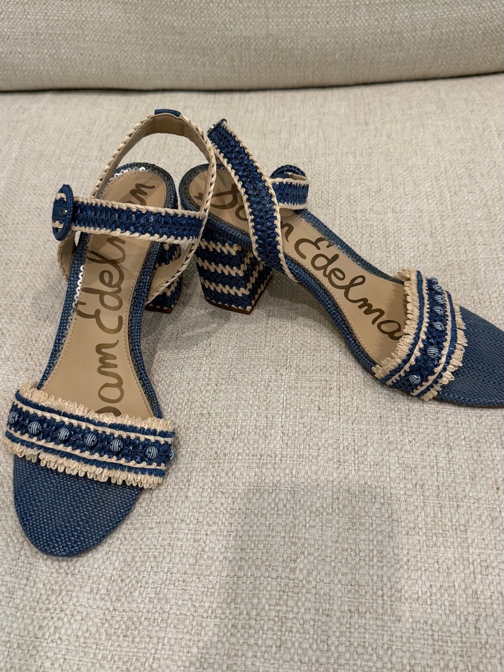 Sam Edelman Navy and Cream Braided Block Heel Sandals